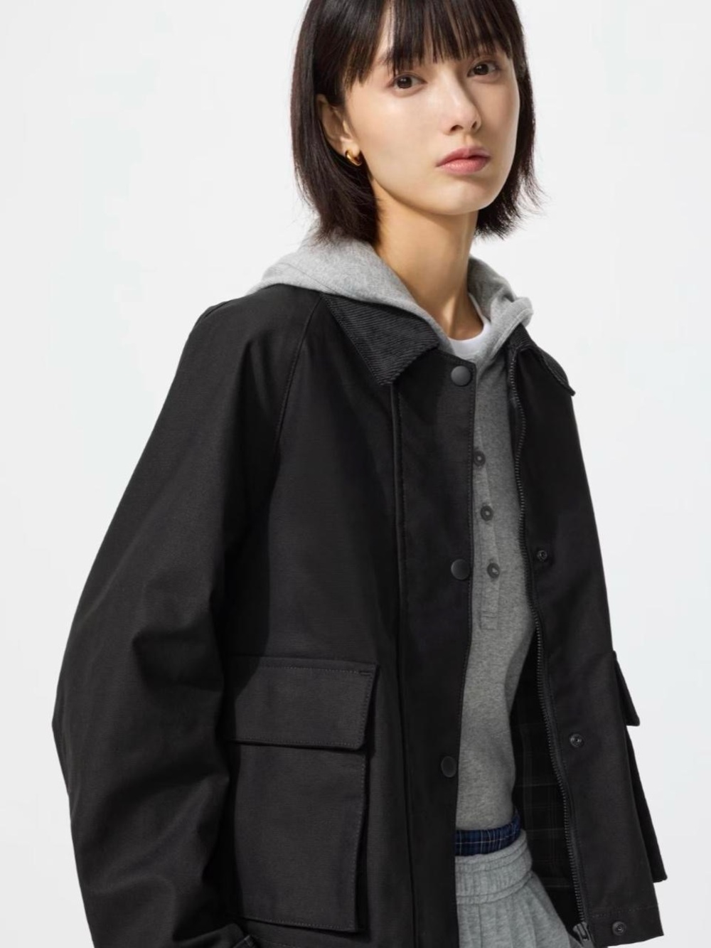 Uniqlo Black Utility Jacket with Gray Hooded Layer